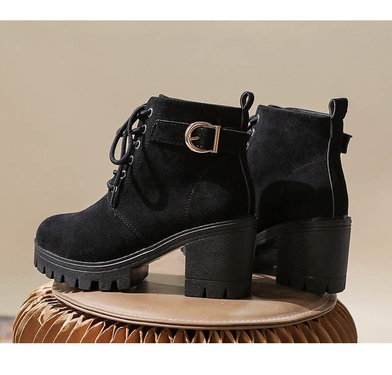 Large size autumn and winter high heeled single with belt buckle thick heel short boots fashionable style round toe_voghion.com