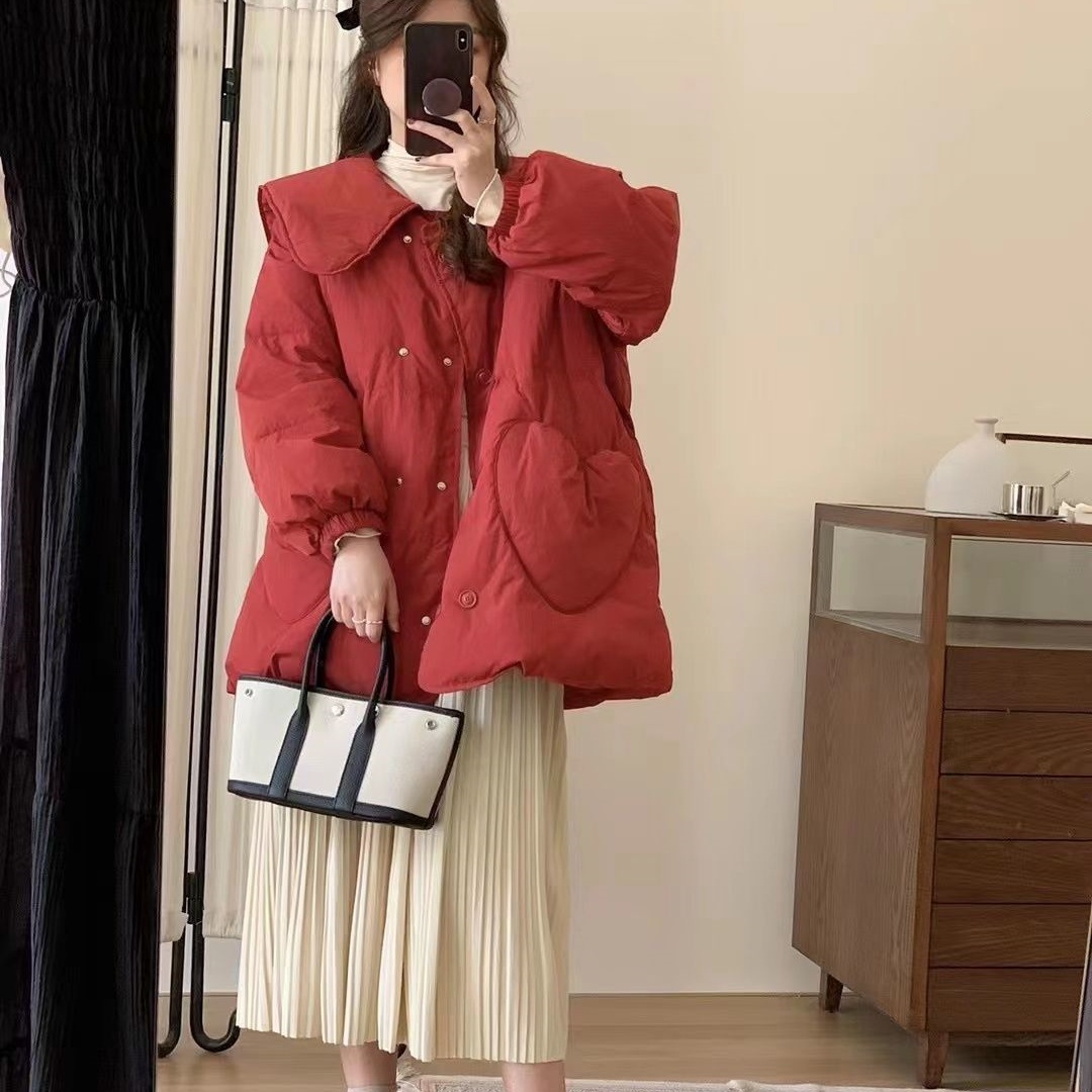 新款小香风韩版红色羽绒服女娃娃领圣诞款白鸭绒甜美保暖羽绒服