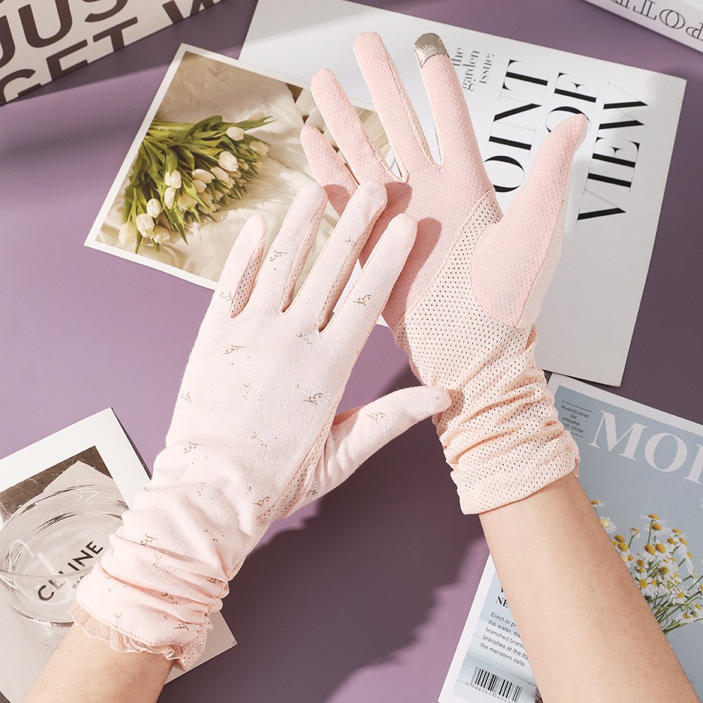 Guantes de protección solar para mujer en verano, protección UV, longitud extendida, hilo de algodón, para conducir y andar en bicicleta, pantalla táctil, antideslizantes, guantes finos de encaje