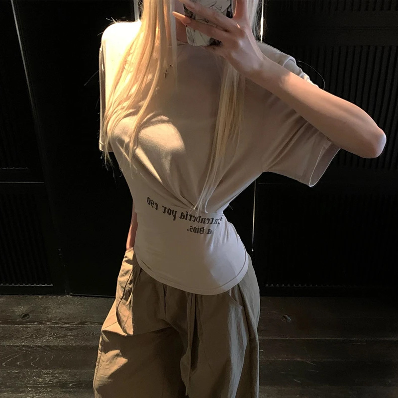 미국 인터넷 연예인 패션 의류 스트리트 여성 레터 프린트 반팔 티셔츠 여름 주름 슬림 웨이스트 탑
