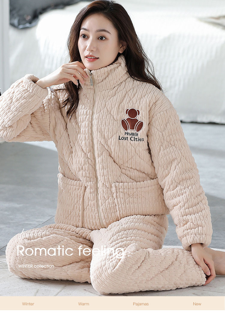 法米姿 珊瑚绒睡衣女冬夹棉三层加厚加绒甜美可爱卡通拉链家居服