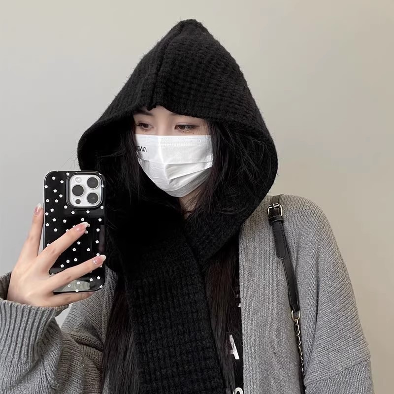 冬季帽子围巾一体两件套纯色保暖两用针织帽斗篷百搭时尚连帽披肩|undefined
