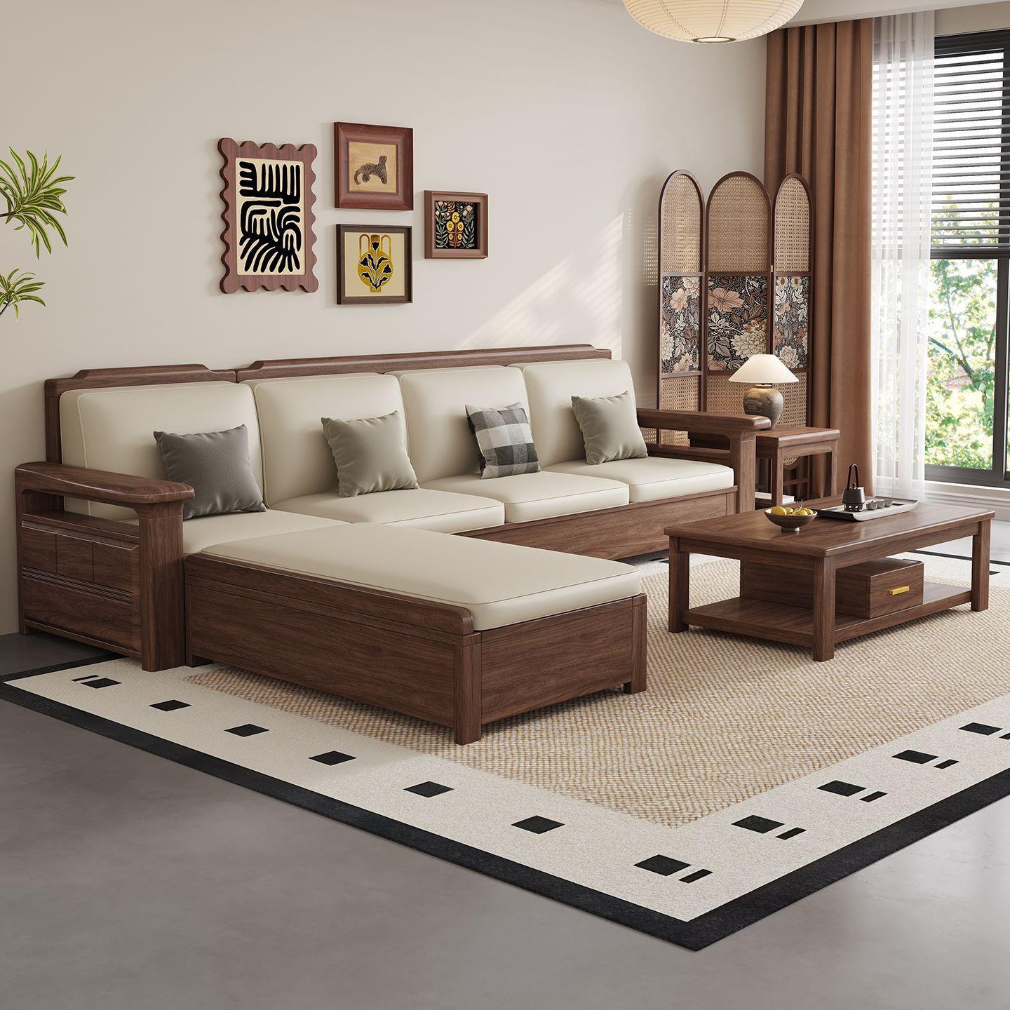 Chinese-style aesthetic black walnut solid wood sofa set, suitable for both large and small apartments, can be used in winter and summer, with storage space, and features a classic Chinese design