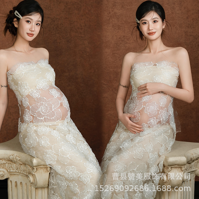 Maternity Photo Clothing French Retro High-End Tube Top Dress Pregnant Mommy Indoor Photo Photography Clothes