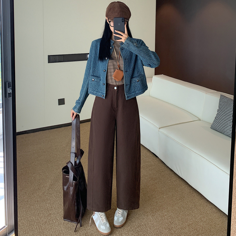 藏青色九分洗水棉阔腿裤女秋冬小个子高腰显瘦宽松直筒垂感休闲裤|undefined