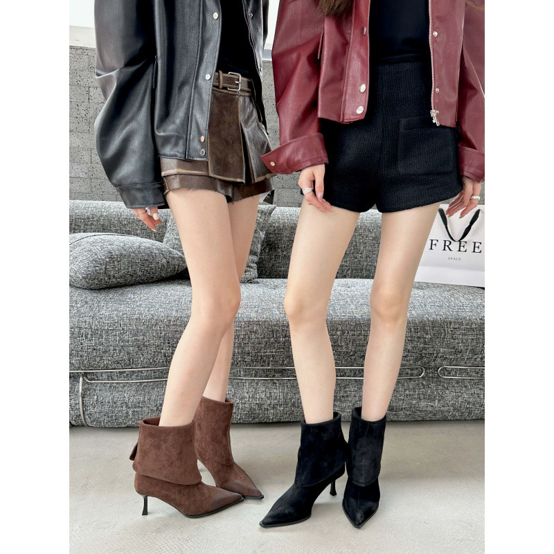 2024 осенние и зимние новые одиночные сапоги остроконечные модные сапоги на каблуках короткие сапоги женские тонкие сапоги эластичные сапоги