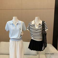 WGWE 韓国ファッショナブルなスタイルのハイエンドラペルコントラストストライプ半袖ポロカラーセーターレディース Tシャツ W6503