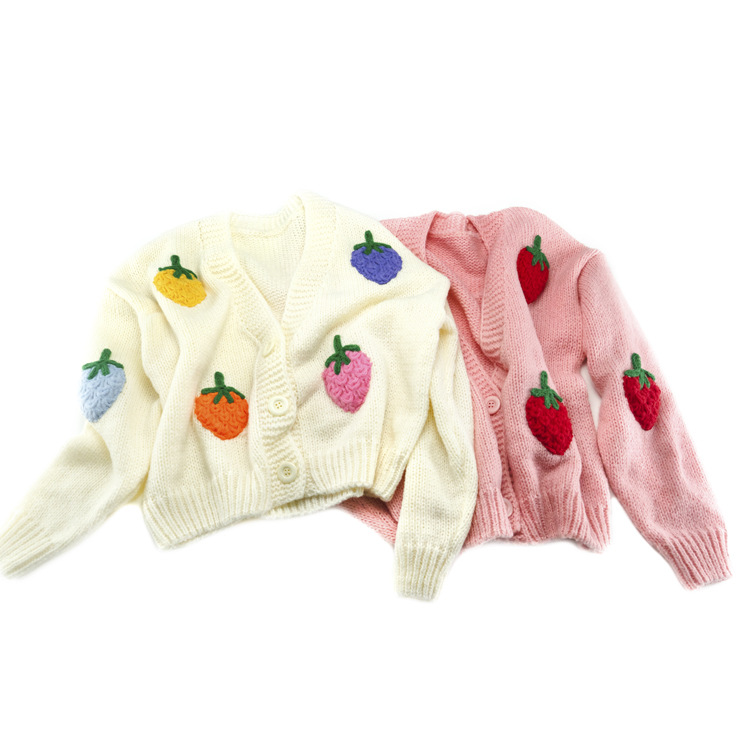 European and American Style Autumn and Winter New Handmade Embroidered Sweater for Women, Fashionable Design with Strawberry Pattern, Long-Sleeve Cardigan Knitwear