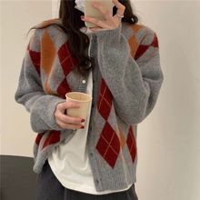 秋春季新款菱百搭显瘦格针织开衫上衣女新品宽松外穿毛衣外套