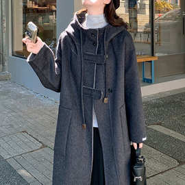 灰色牛角扣双面羊毛大衣女2025冬季新款小个子中长款加厚毛呢外套