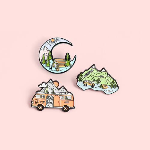 Customized New Style Creative Landscape Picture Moon-Shaped Brooch Personality Bus Accessories Mountain Decor Brooch
