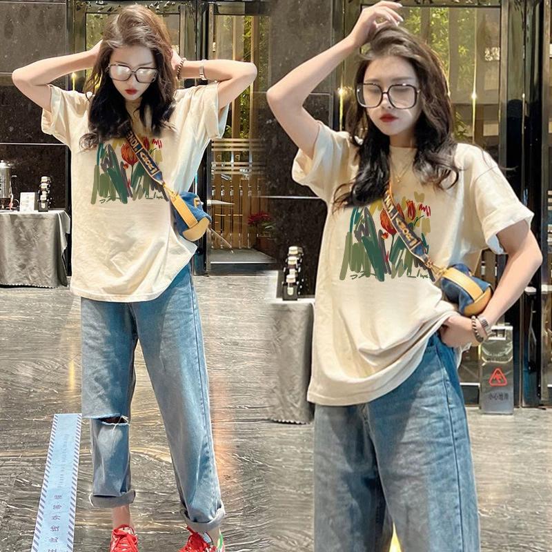 [200 г] Большая европейская версия футболки с короткими рукавами женская 2024 летняя новая маленькая свободная средняя длинная футболка