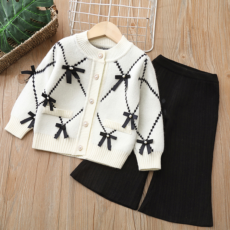 Xiaoxiangfeng Mädchenpullover, zweiteiliges Strickset für Kinder, neues Damen-Strickjackenset mit Schatzschleife_voghion.com