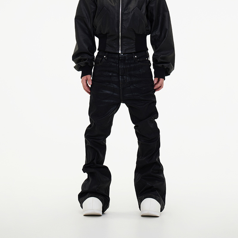2024 New Niche Dark Style Wax-Coated Ribbon Micro-Elastic Wide-Leg Flared Floor-Length Stacked Denim Pants Trendy