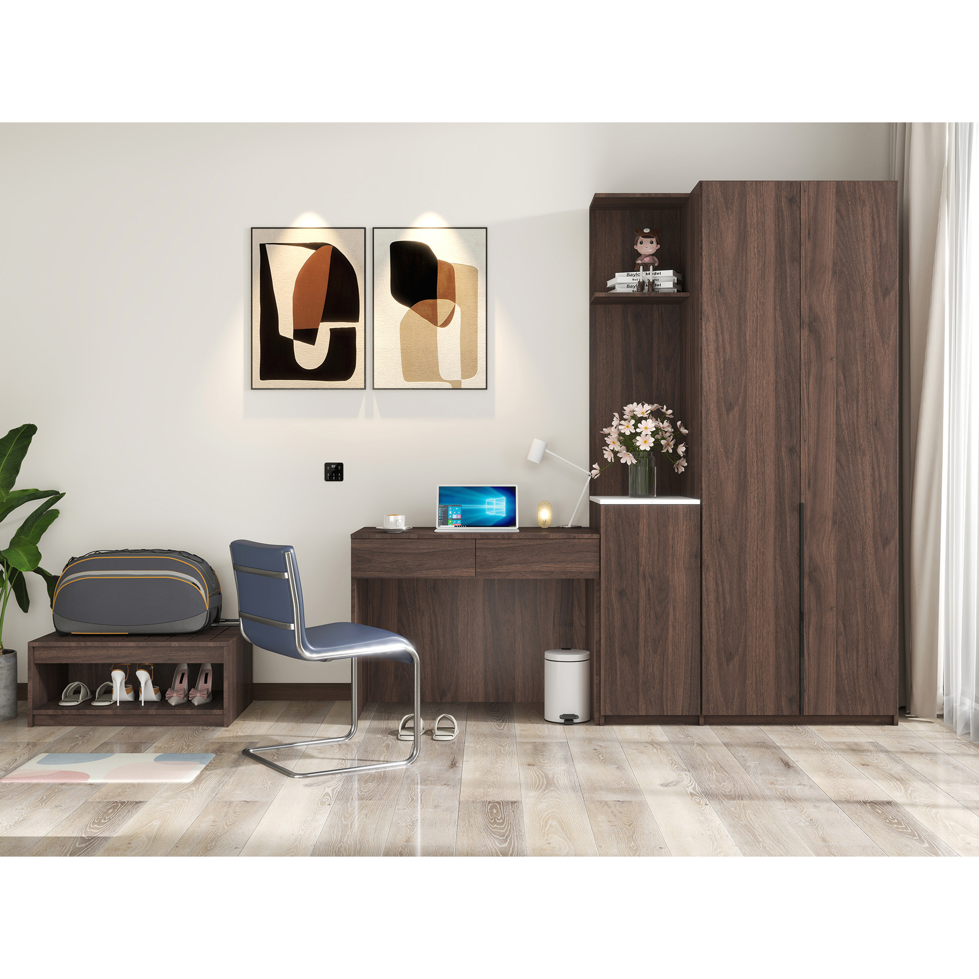 Estante de equipaje de hotel moderno y de moda, escritorio de madera con armario simple y práctico