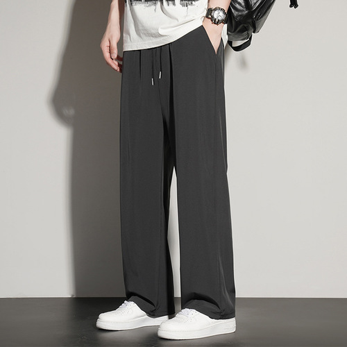 2025 Summer New Ice Silk Long Pants for Men, Straight-Leg, Hong Kong Style, Loose-Fit, Wide-Leg, Floor-Length Casual Sports Sweatpants