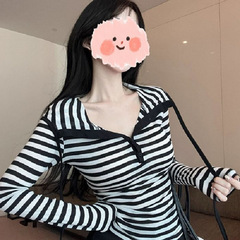 2025春秋新款连帽条纹早秋薄款长袖T恤女百搭修身显瘦打底衫上衣