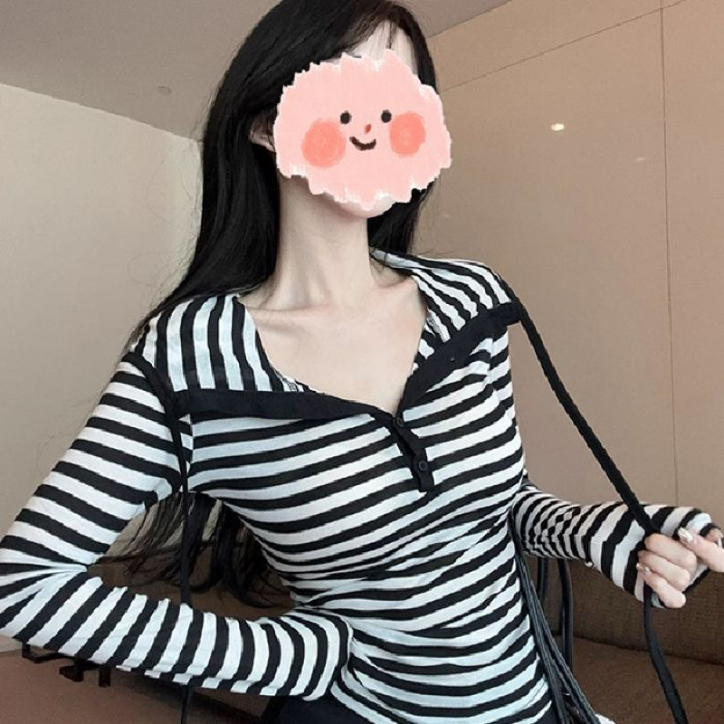 2025春秋新款连帽条纹早秋薄款长袖T恤女百搭修身显瘦打底衫上衣|undefined