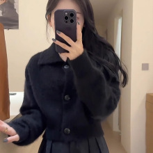 翻领短款加厚开衫毛衣外套女秋冬韩系慵懒风软糯针织衫上衣