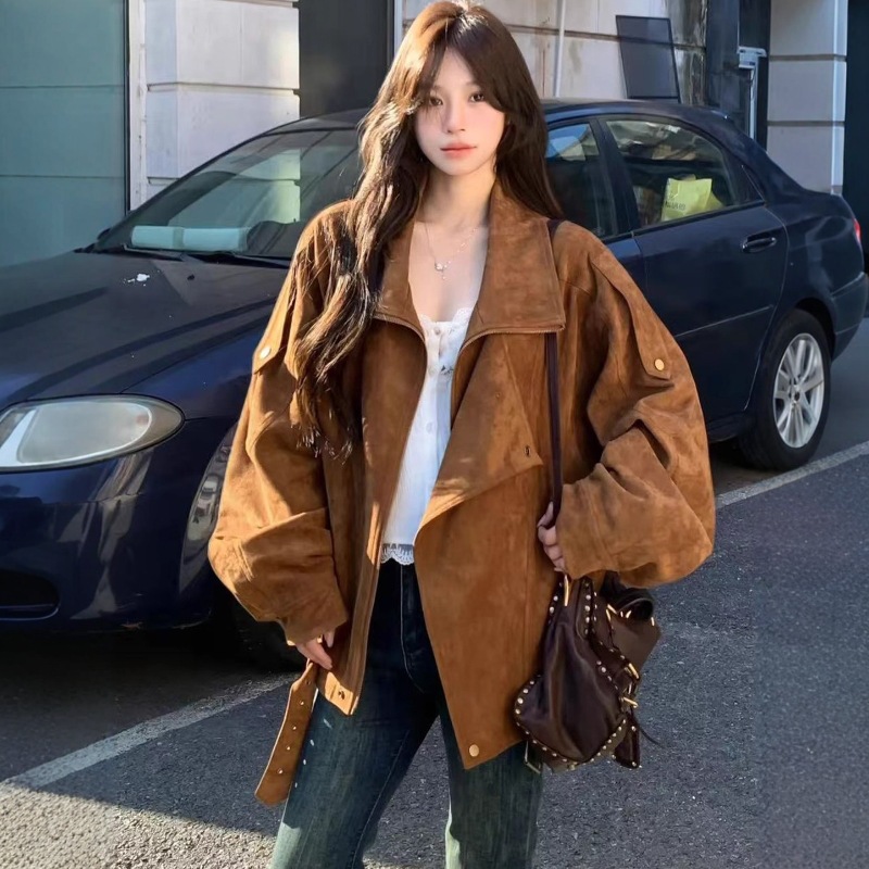 Maillard Retro Leather Suede Jacket Women's 2025 Autumn and Winter New Loose Motorcycle Jacket Brown Jacket Top
