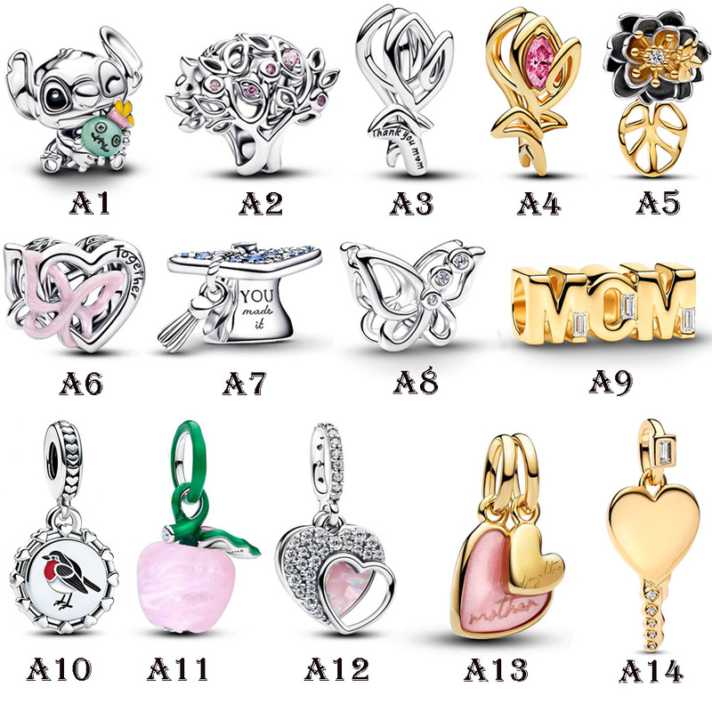 Pandora Pure Silver S925 Bracelet DIY Jewelry Accessories Stitch Heart Key Mushroom Bead Pendant
