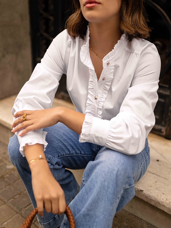 欧美跨境白色春秋2025新款女装木耳边衬衫袖立领衬衣休闲度假衬衫|undefined