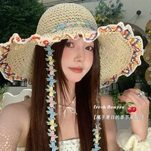 花朵绑带镂空折叠草帽民族风高颜值海边度假大帽檐遮阳帽编织帽