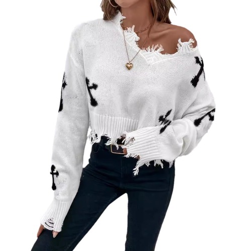 Cross-stitch hole tassel design sense trendy long-sleeved loose matchless turtleneck knitted sweater top