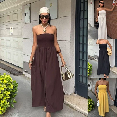2025 Amazon AliExpress новая летняя мода сплошной цвет воротник с вырезом и талией длинное платье для женщин
