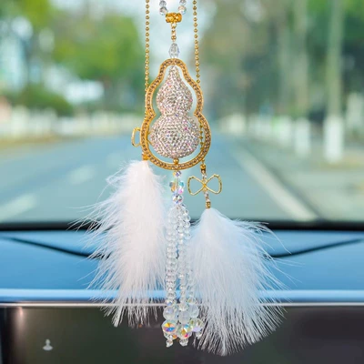 Rearview Mirror Pendant, Other Automotive Interior Supplies - white-gourd-with-gold-edge-and-diamonds-feather-pendant