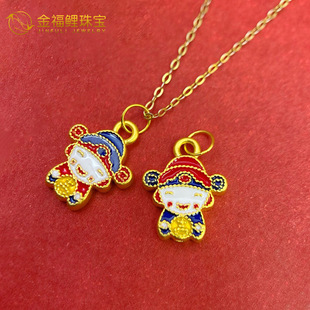 Pure Gold 999 Auspicious God of Wealth Pendant 3D Hard Gold Lucky Star High Photo Small God of Wealth Necklace One Piece Wholesale