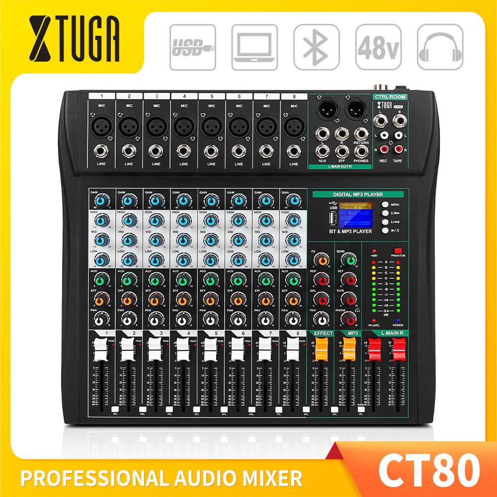 XTUGA专业8路调音台带混响蓝牙播放多路mixer混音器效果均衡CT80