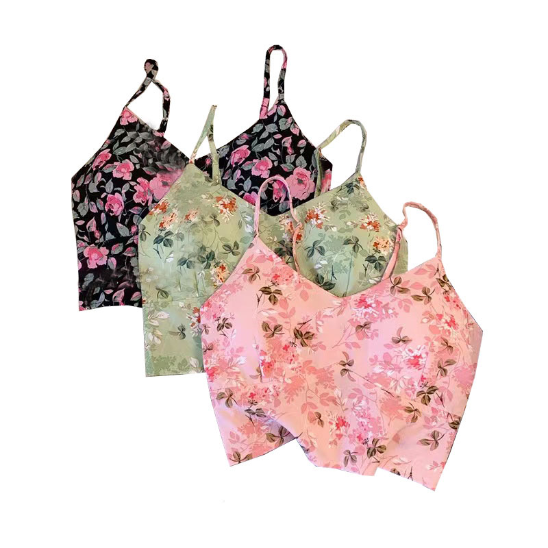 Women's Detachable Yoga Vest with Chest Pad Guofeng Printed Sports Fitness Sling High Elastic Quick-drying Dance Top