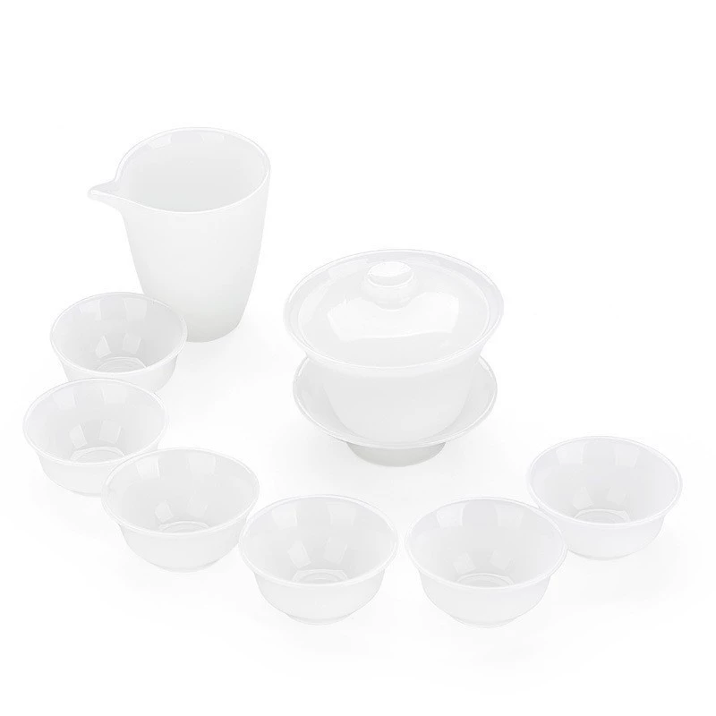 [玉瓷盖碗茶杯六杯阿富汗白瓷公道杯茶壶银鱼杯品茗杯功夫茶具套装]