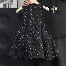 跨境INS爆款童装（内衬拉链）黑色波点连衣裙夏季公主裙儿童背心