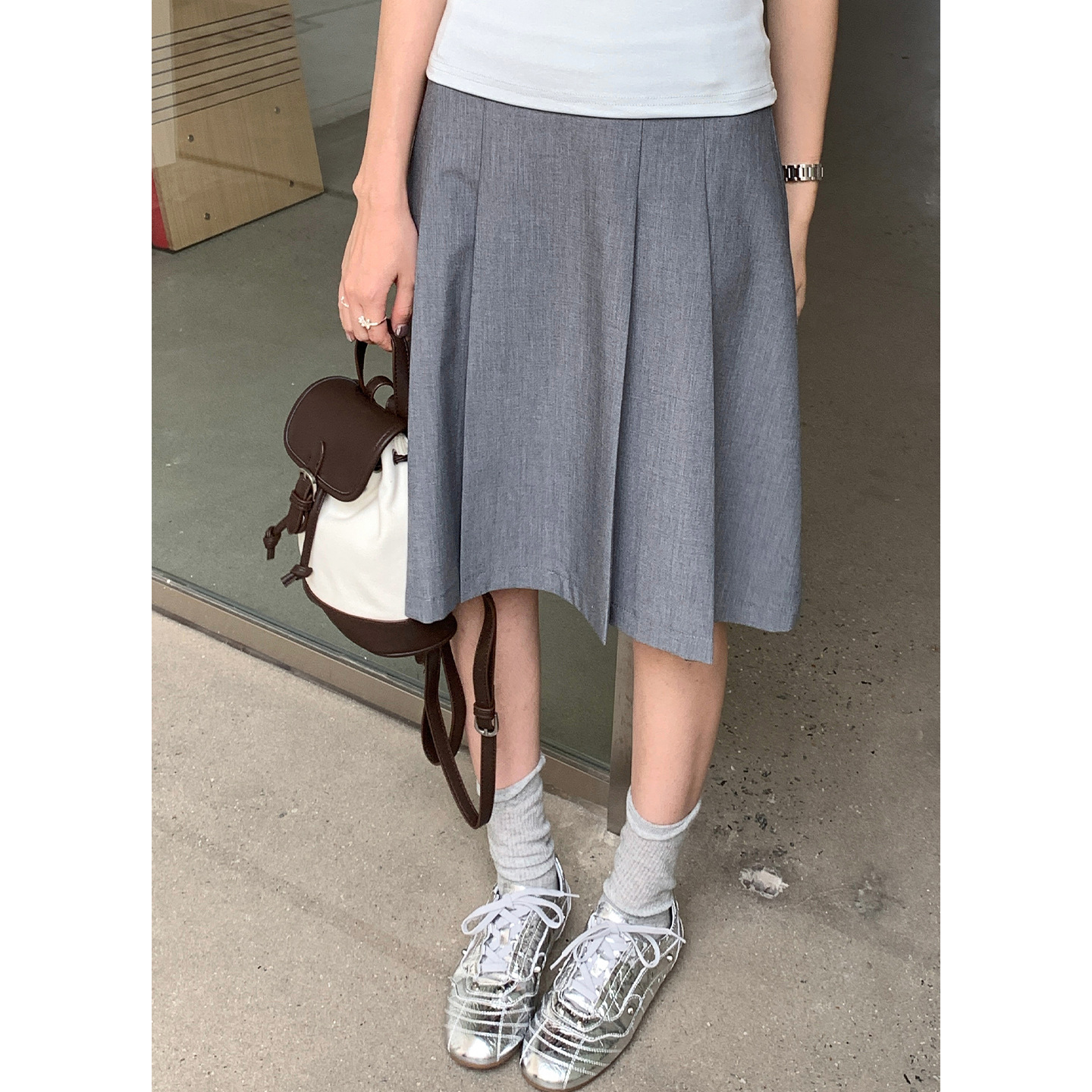 Yier Shirt Smart Casual High Waist Pleated Skirt Commuter A-Line Midi Skirt for Women Solid Color Versatile Ye0107