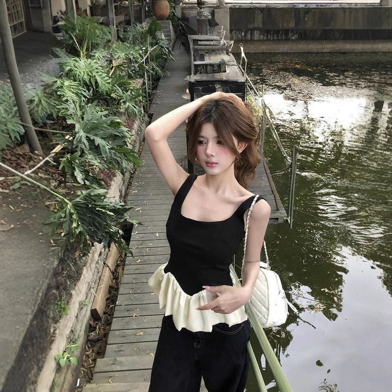 Chic Stitching Ruffled Camisole Women's Summer Wear Beautiful Small Shirt Sleeveless Short Top