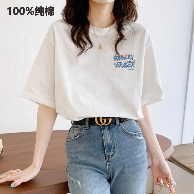 2025 New Cotton Short-sleeved T-shirt Women's Summer All-match Printed Shoulder Top Loose Round Neck Korean-style Ins