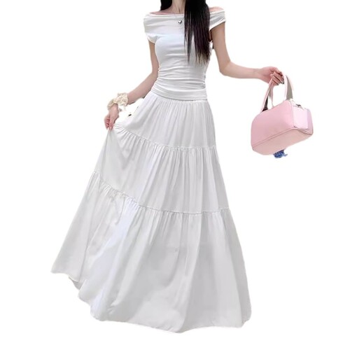 Plus-size cake white half skirt for women autumn large umbrella skirt pleated plus size medium-length dress