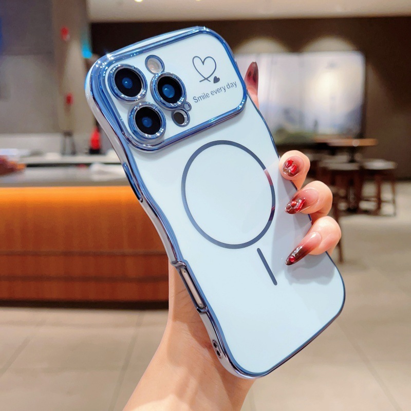 iPhone17Pro対応 細い磁気リング付きスマホケース Apple16電気メッキ大波模様15ハート型耐衝撃4ソフトケース|undefined