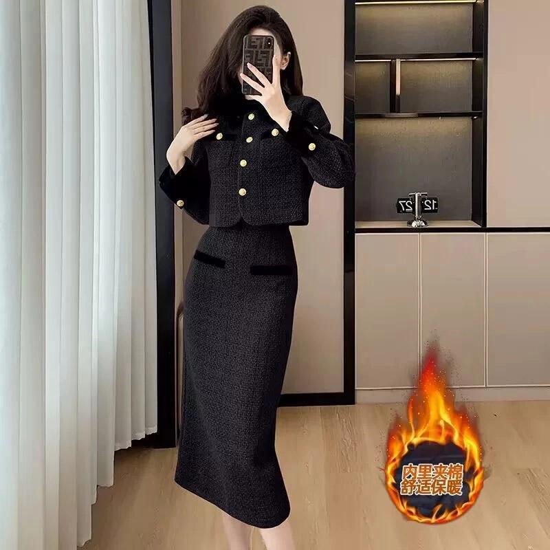 黑色短款小香风外套两件套女装感秋冬新款洋气套装裙|undefined