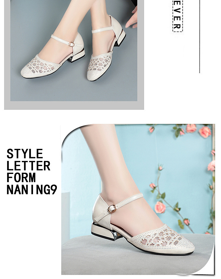Sandal bít mũi nữ da thật lưới thoáng gót thấp — Màu be chi tiết 12