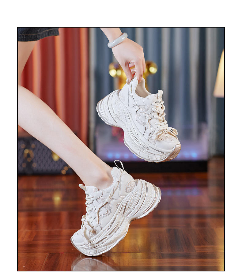 Giày sneaker nữ đế dày độn cao bên trong, phong cách thể thao thường ngày — Màu be chi tiết 15