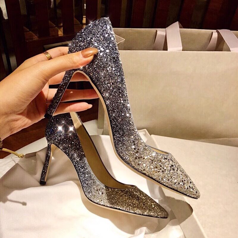 Hong Kong Bridal Shoes Wedding Shoes 2025 Spring and Autumn New Style Crystal Sequin Trendy Silver Stiletto Pointed Toe High Heels for Women