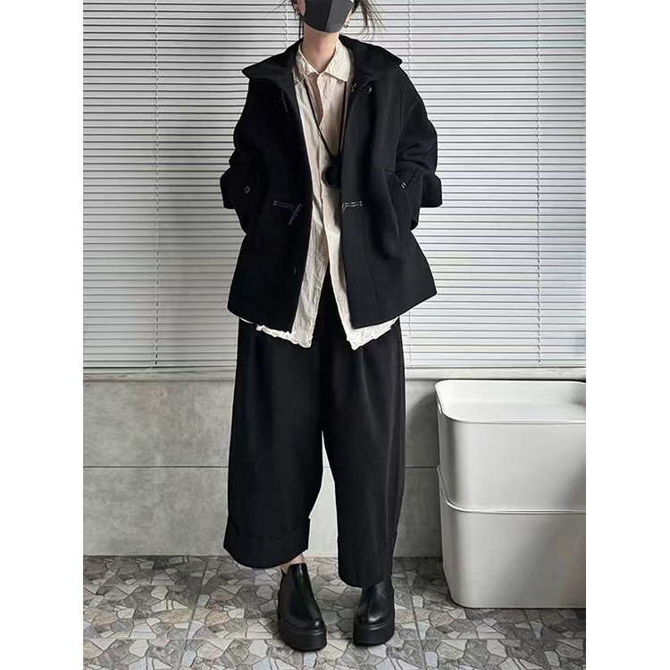 Lem Short Bathrobe Horn Button Stand Collar Short Outwear 25 Autumn and Winter New Woolen Outwear Black Stand Collar Top