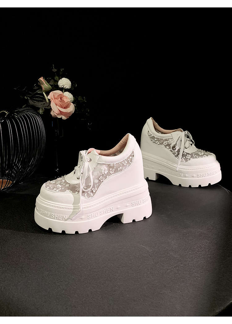 Giày sneaker nữ đế dày lưới thoáng khí, phối dây buộc phong cách loafer đế xuồng — Trắng 12cm, Trắng 15cm, Đen 12cm, Đen 15cm chi tiết 15