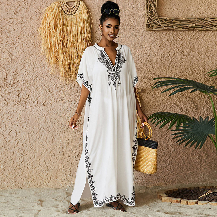Wholesale Cross-Border Popular Rayon Embroidered Beach Cover-Up Loose Large Size Embroidered Swimsuit Sun Protection Shirt Bikini Cover-Up