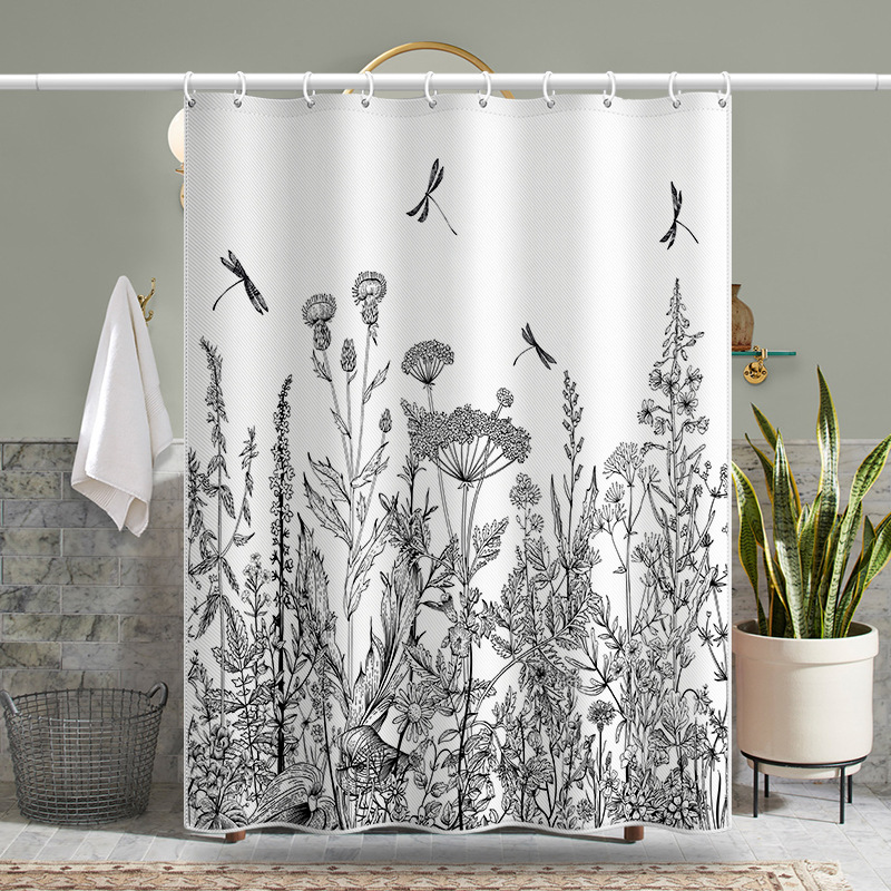 Nordische schwarze Pflanzenblätter, Baumranken, Wald, Berge, Großhandelsware, wasserdichte Polyester-Dusche_voghion.com