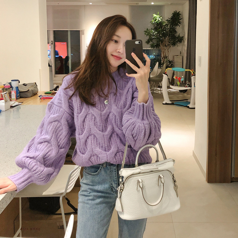 Linterna puff manga cuello redondo Twist pullover mujeres otoño y el invierno estilo perezoso coreano flojo grueso trenzado suéter image 5