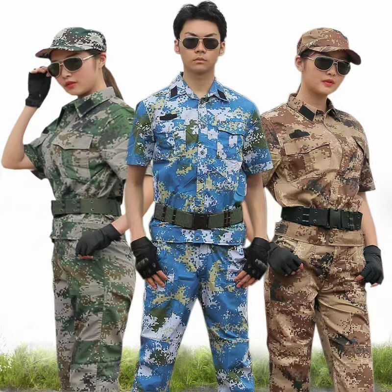 Cotton Summer Camouflage Short-Sleeved Suit Military Training Uniform Thin Student Camouflage Group Drill Training Uniform Auto Repair Wear-Resistant